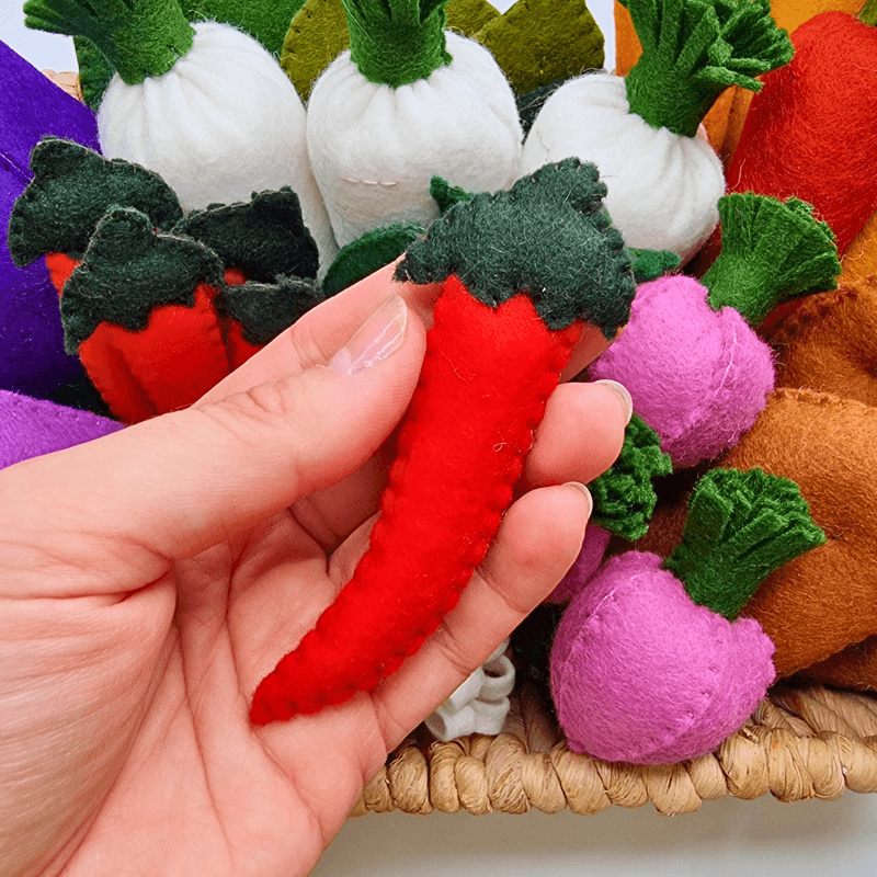 Felt 3D Vegetable PDF Sewing Patterns - aubergine, carrots, potatoes, parsnips, peppers, peas, etc