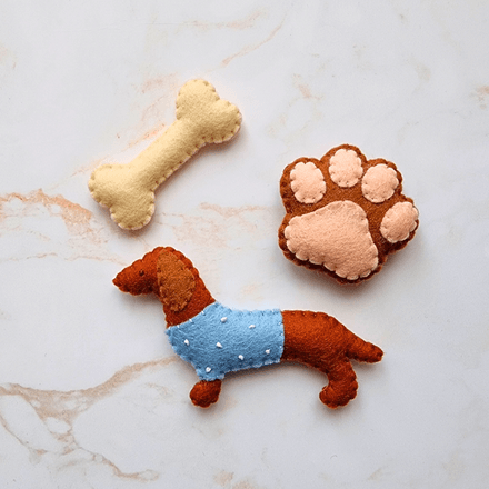 Felt Dachshund Ornament PDF Sewing Patterns - 3D dog, paw and bone