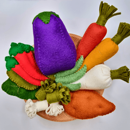 Felt 3D Vegetable PDF Sewing Patterns - aubergine, carrots, potatoes, parsnips, peppers, peas, etc