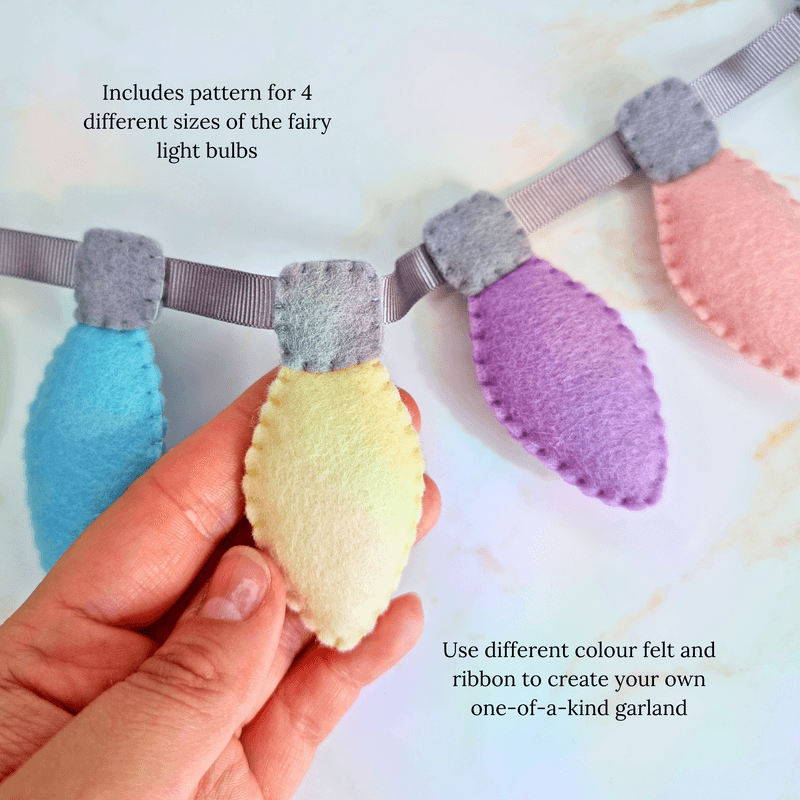 Felt Fairy Light PDF Sewing Pattern, festive party light bulb garland, Christmas string lights