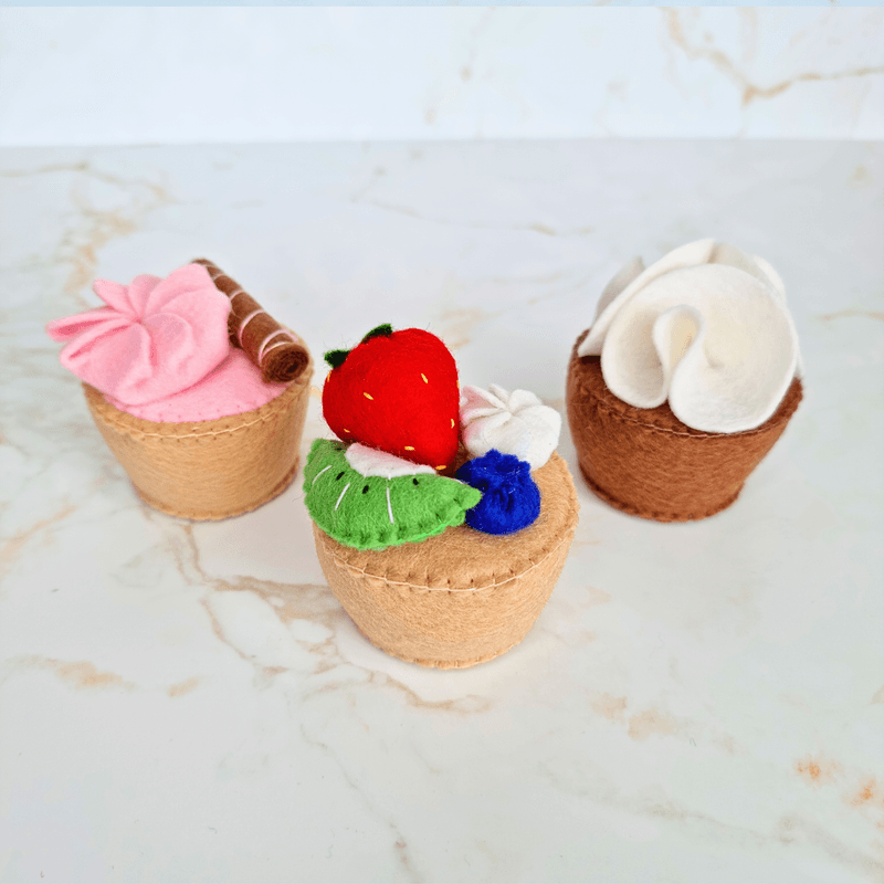 Felt Cupcake PDF Sewing Pattern - with fruit, cream and wafer, easy and beginner-friendly