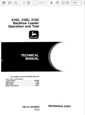  John Deere 210C, 310C, 315C Backhoe Loader Technical Manual TM-1419 &amp; TM-1420