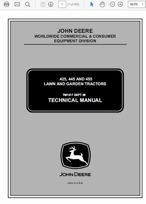  John Deere 425, 445 and 455 Lawn and Garden Tractors Technical Manual TM-1517