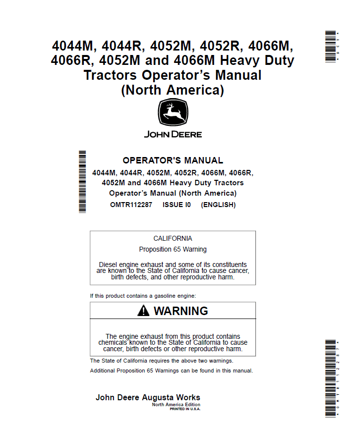 John Deere 4044M, 4044R, 4052M, 4052R Heavy duty Tractor Operator Manual