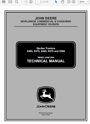  John Deere X465, X475, X485, X575 and X585 Garden Technical Manual TM-2023