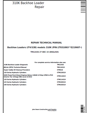 John Deere 310K Backhoe Loader Repair Technical Manual TM12436 