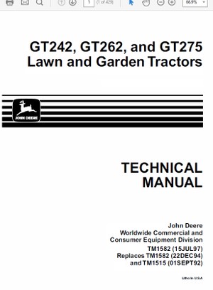 John Deere GT242, GT262, and GT275 Lawn and Garden Tractors TM-1582