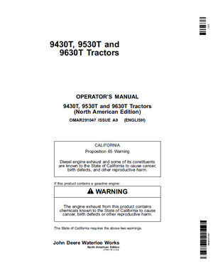 John Deere 9430T 9530T 9630T Tractors Operator&#x27;s Manual 