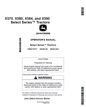 John Deere X570 X580 X584 X590 Tractors Operator&#x27;s Manual 