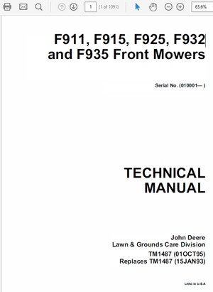  John Deere F911, F912, F915, F925, F932, F935 Front Mowers TM-1487 &amp; TM-1350