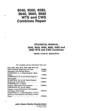 John Deere 9540 9560 9580 9640 9660 9680 WTS CWS Combines Repair Technical Manual EN TM4697 