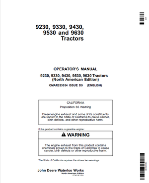 John Deere 9230 9330 9430 9530 9630 Tractors Operator&#x27;s Manual 