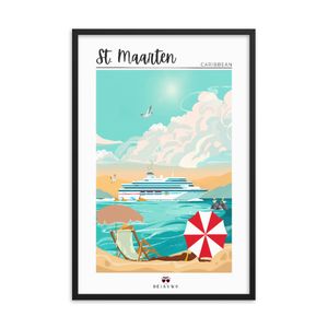 Framed Travel poster print of Sint Maaarten, cruise ship, beach, island wall art decor.