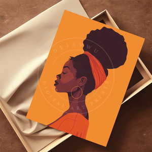 DIGITAL DOWNLOAD: Stunning African American Woman Profile Art Print, Vibrant Orange Headwrap