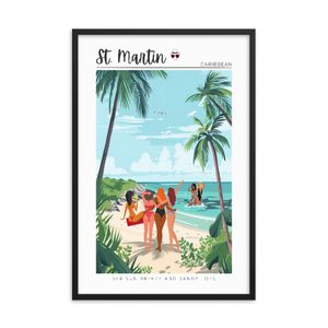 Framed travel poster of St. Martin, Caribbean art print, wall art illustration, travel art decor.