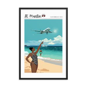 St. Martin Caribbean Sea Framed Wall Art Poster - Airplane Over Beach Scene