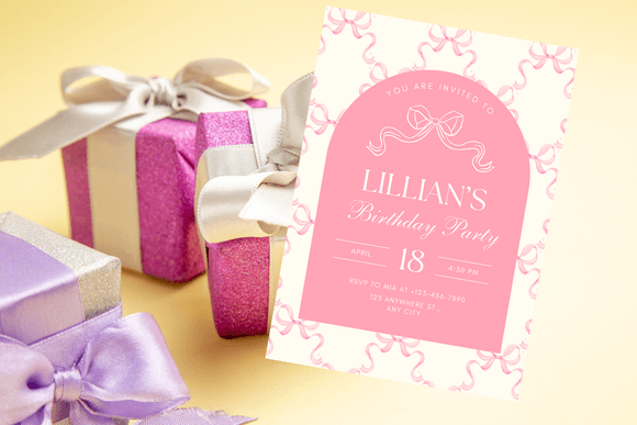 Pink Bow Birthday Party Invitation – Elegant &amp; Whimsical Printable Invite for Girls
