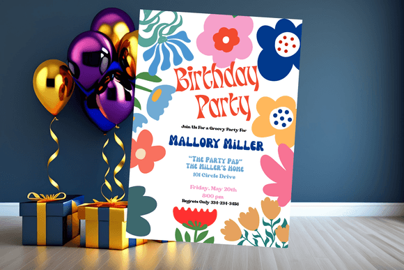 Bright Retro Floral Invitation, Retro Theme Party Invite, Personalize in Canva Template
