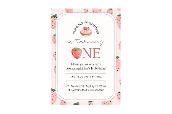 Berry Sweet First Birthday Invitation | Editable Strawberry Party Template