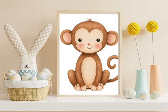 Watercolor Baby Monkey Nursery Wall Art | Printable Jungle Safari Animal Decor