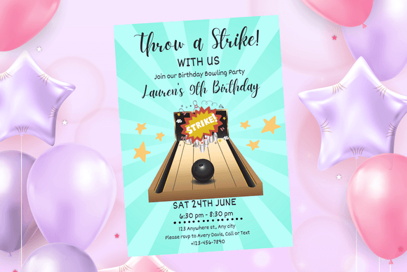 Get A Strike Bowling Party Birthday Invitation, Kids Fun Party Invite