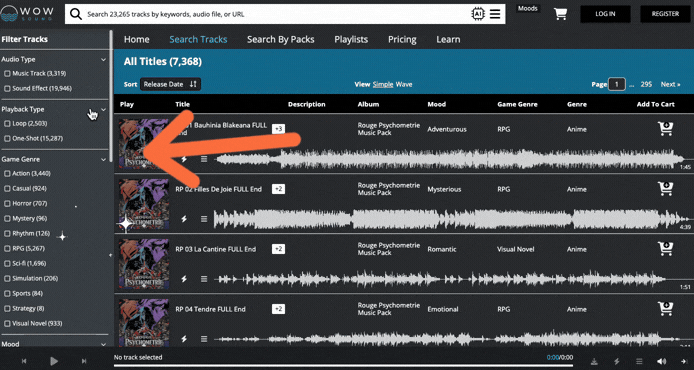 Search and filter game music and sound effects by game genre, mood, BPM and more