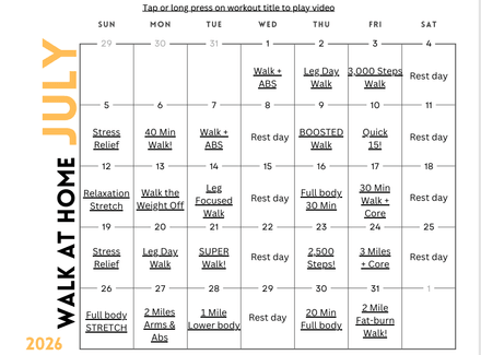 July Walk at Home Calendar