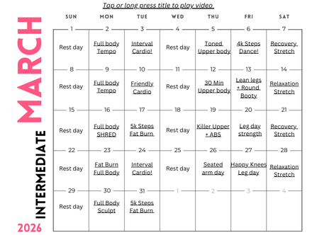 March Intermediate Workout At Home Calendar 
