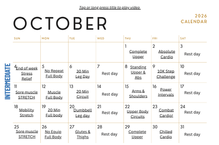 October Intermediate Workout at Home Calendar 