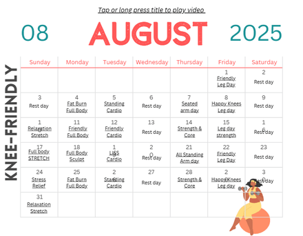 August Knee-Friendly Workout at Home Calendar