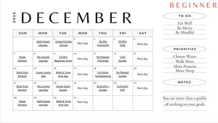 December Beginner Workout at Home Calendar