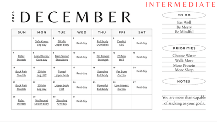 December Intermediate Workout at Home Calendar