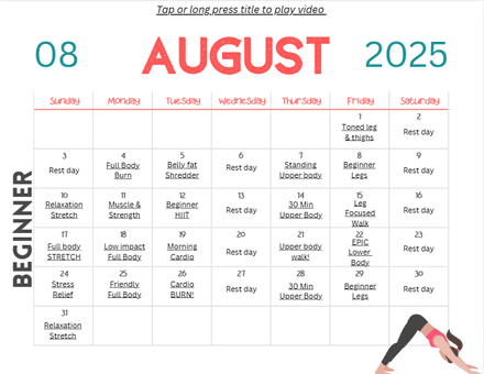 August Beginner Workout At Home Calendar 
