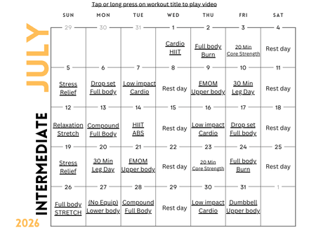 July Intermediate Workout at Home Calendar