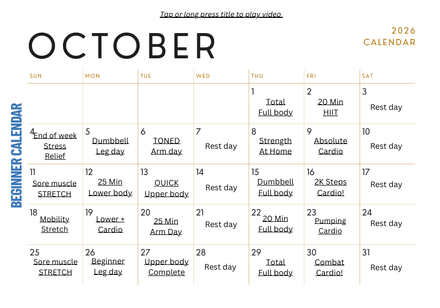 October Beginner Workout at Home Calendar