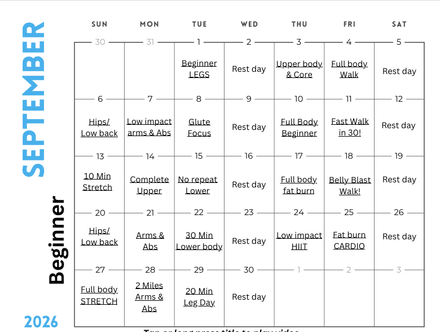 September Beginner Workout at Home Calendar + FREE GIFT 