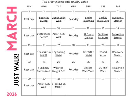 March 'Just Walk' Workout at Home Calendar 