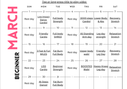 March Beginner Workout At Home Calendar 