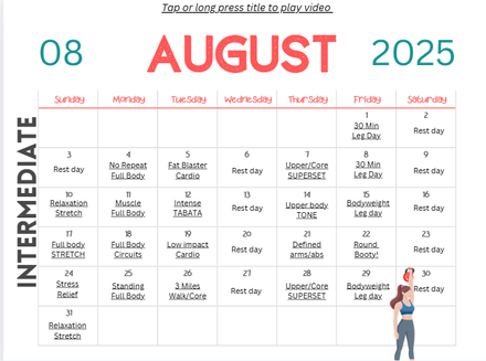August Intermediate Workout At Home Calendar 