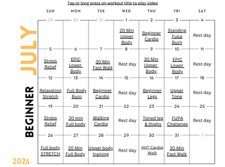 July Beginner Workout at Home Calendar