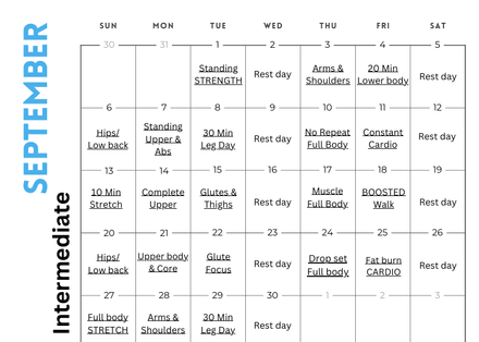 September Intermediate Workout at Home Calendar + FREE GIFT