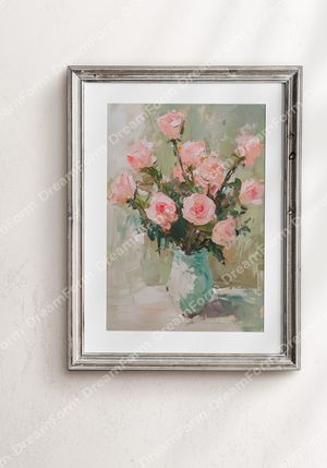 Blush Roses in Teal Vase – AI Impressionist Wall Art
