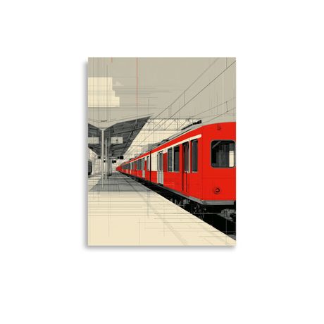 Red Urban Train Art Poster – Modern Cityscape 11x14"