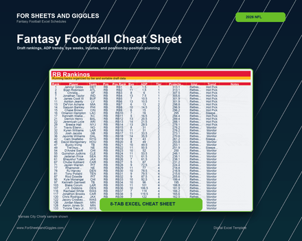 Fantasy Football Cheat Sheet 2026 – NFL Team Colors | Digital Download