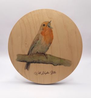 Holzbild mit Rotkehlchen