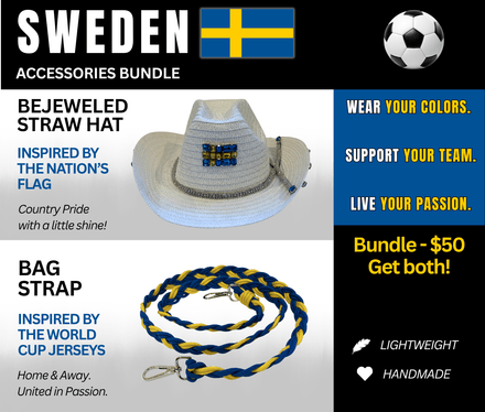 Sweden Bejeweled Hat and Braided Bag Strap – Game Day Ready for 🌎 Cup Soccer