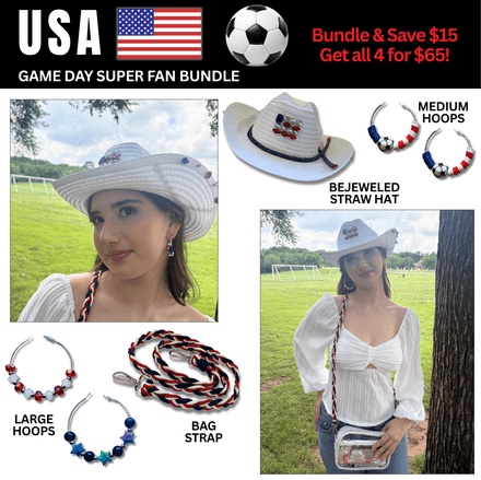 USA Game Day Outfit Bundle – Earrings + Rhinestone Hat + Bag Strap | 4-Piece Set 🌎 Cup