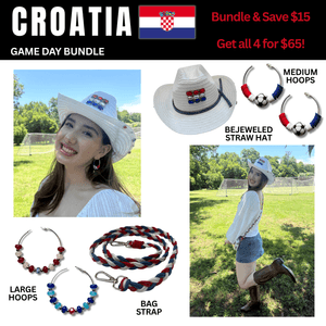 Croatia Game Day Outfit Bundle – Earrings + Rhinestone Hat + Bag Strap | 4-Piece Set 🌎Cup