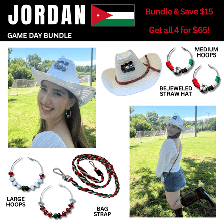 Jordan Game Day Outfit Bundle – Earrings + Rhinestone Hat + Bag Strap | 4-Piece Set 🌎Cup