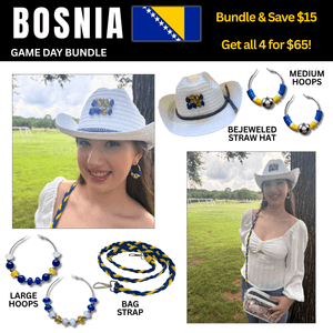 Bosnia Game Day Outfit Bundle – Earrings + Rhinestone Hat + Bag Strap | 4-Piece Set 🌎 Cup